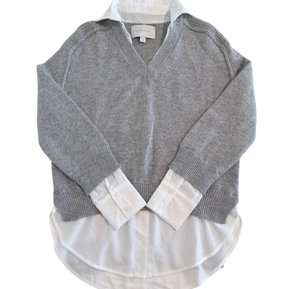 Brochu Walker XS Wool Cashmere Layered Sweater Gray White Shirt Hem